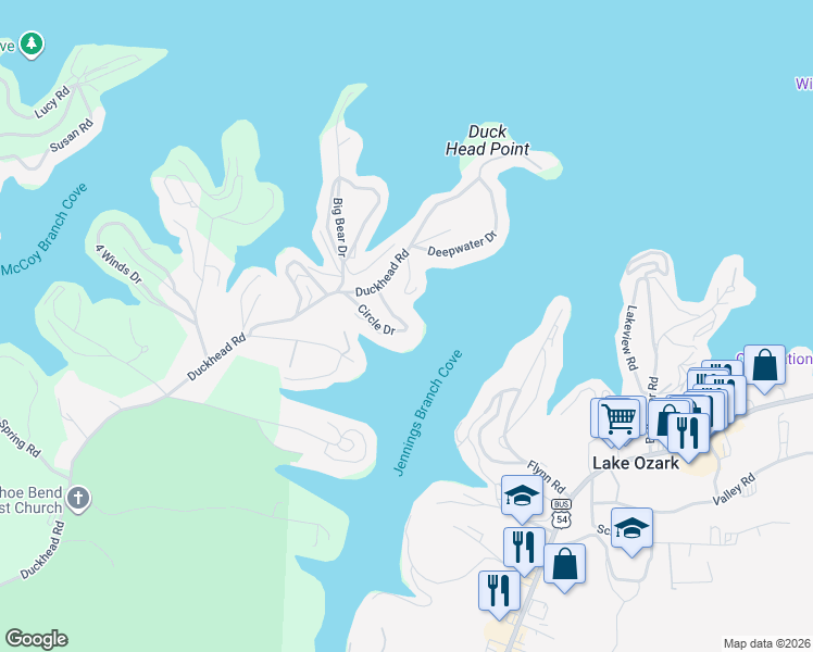 map of restaurants, bars, coffee shops, grocery stores, and more near 32 Circle Drive in Lake Ozark