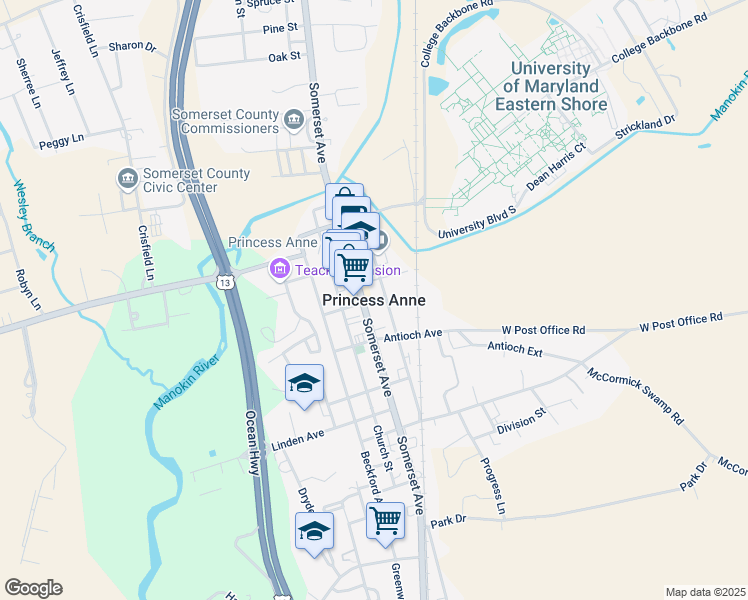 map of restaurants, bars, coffee shops, grocery stores, and more near in Princess Anne