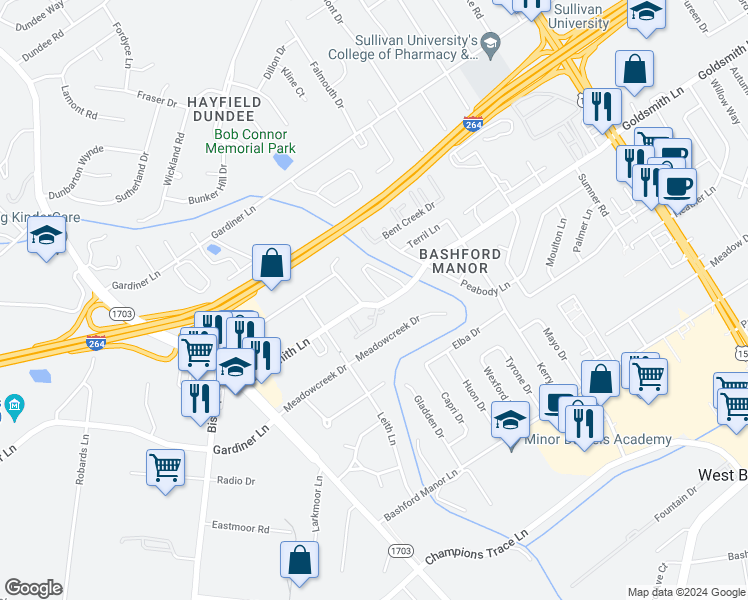 map of restaurants, bars, coffee shops, grocery stores, and more near 3217 Kemmons Drive in Louisville
