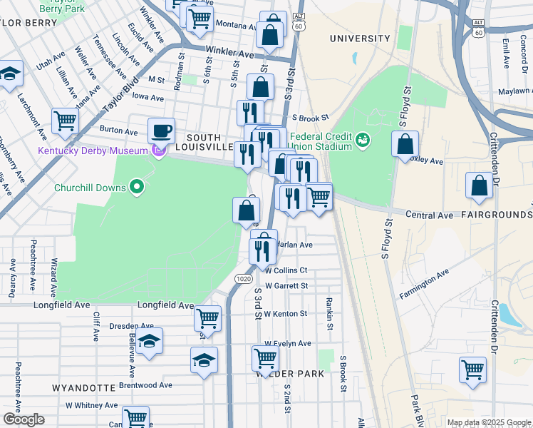 map of restaurants, bars, coffee shops, grocery stores, and more near 3147 South 3rd Street in Louisville