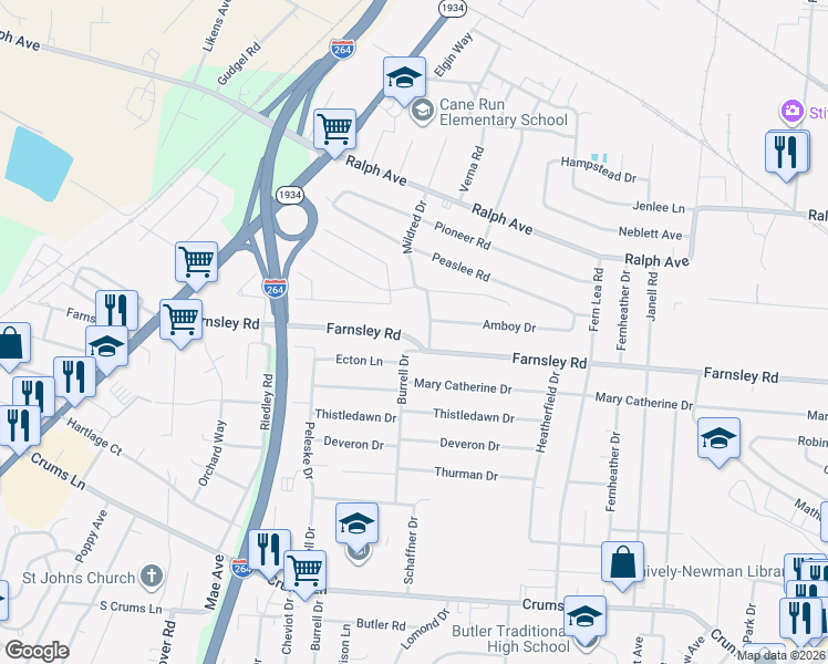 map of restaurants, bars, coffee shops, grocery stores, and more near 2306 Strotman Road in Louisville