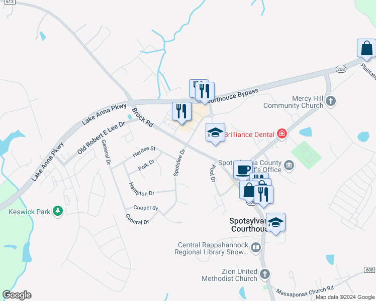 map of restaurants, bars, coffee shops, grocery stores, and more near 101 Spotslee Drive in Spotsylvania