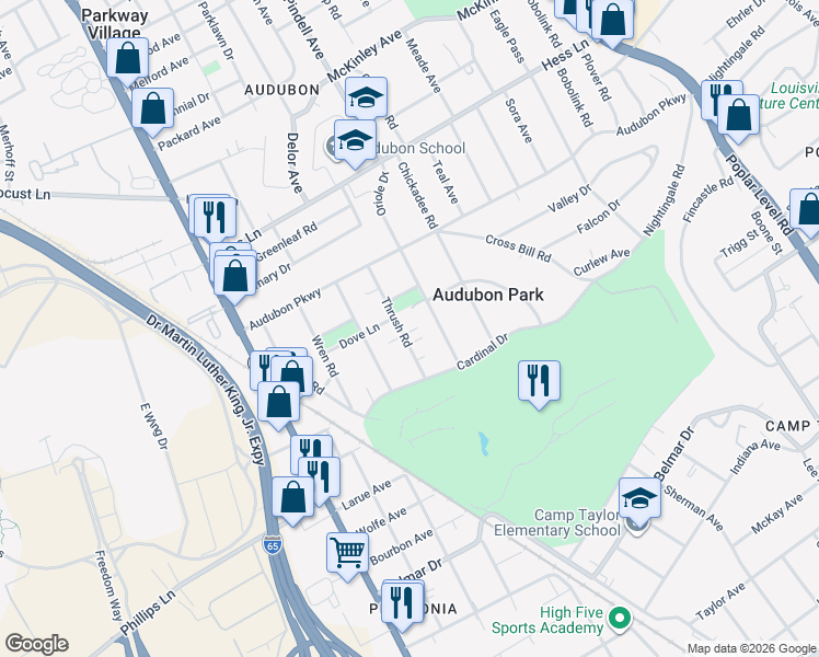 map of restaurants, bars, coffee shops, grocery stores, and more near 3300 Oriole Drive in Louisville