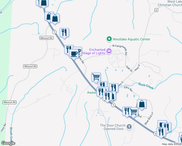 map of restaurants, bars, coffee shops, grocery stores, and more near 310 North Main Street in Gravois Mills