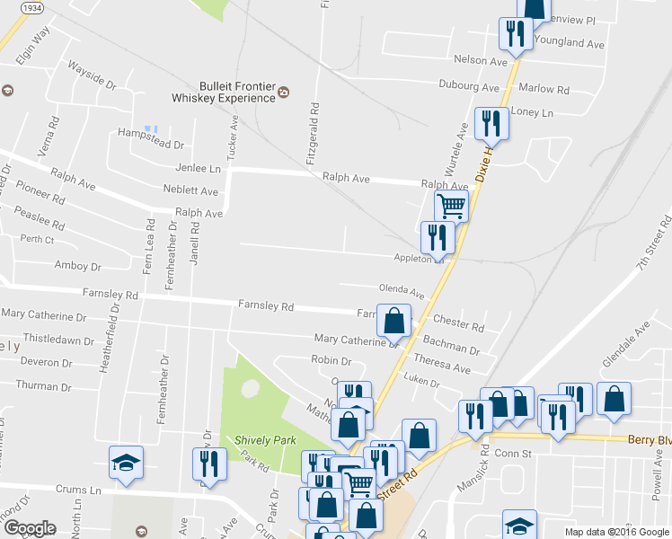 map of restaurants, bars, coffee shops, grocery stores, and more near 2004 Appleton Lane in Louisville