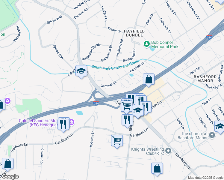 map of restaurants, bars, coffee shops, grocery stores, and more near 1600 Gardiner Lane in Louisville