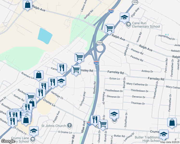 map of restaurants, bars, coffee shops, grocery stores, and more near 2403 Farnsley Road in Louisville