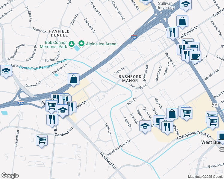 map of restaurants, bars, coffee shops, grocery stores, and more near 1964 Goldsmith Lane in Louisville