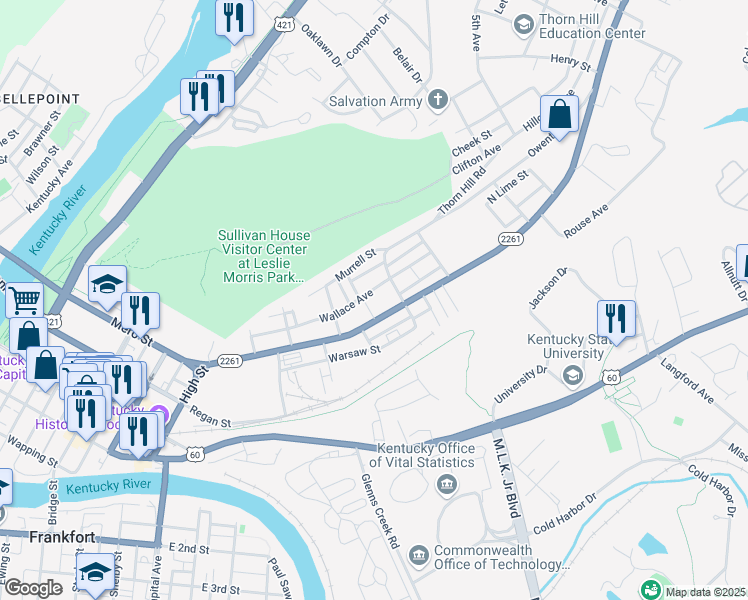 map of restaurants, bars, coffee shops, grocery stores, and more near 330 Wallace Avenue in Frankfort