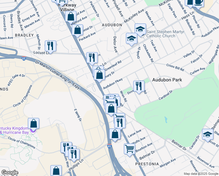 map of restaurants, bars, coffee shops, grocery stores, and more near 915 Audubon Parkway in Louisville