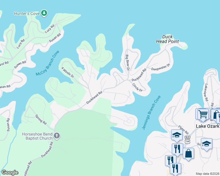 map of restaurants, bars, coffee shops, grocery stores, and more near Duckhead Road in Lake Ozark