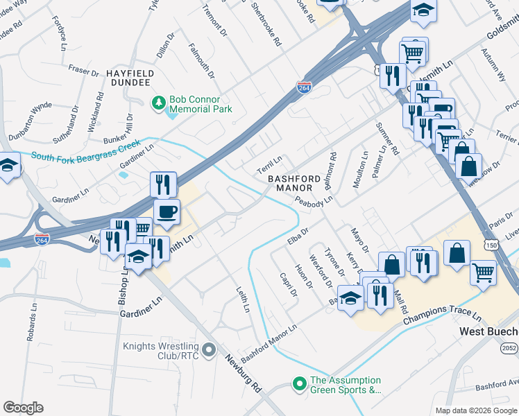 map of restaurants, bars, coffee shops, grocery stores, and more near 1972 Goldsmith Lane in Louisville