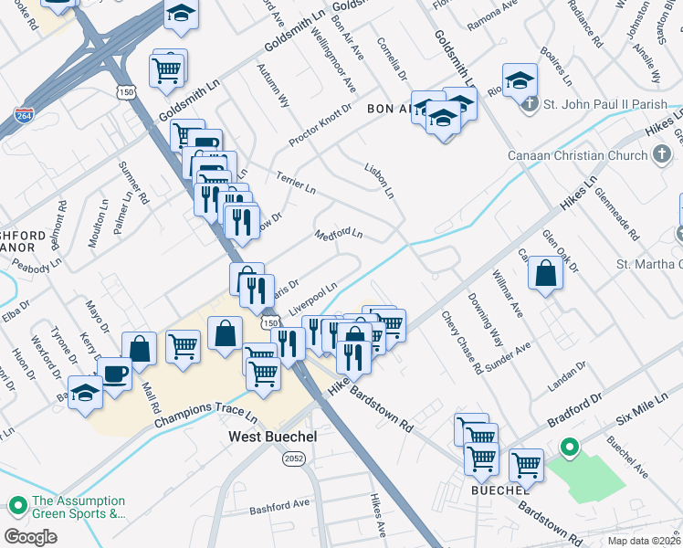 map of restaurants, bars, coffee shops, grocery stores, and more near 2226 Paris Drive in Louisville