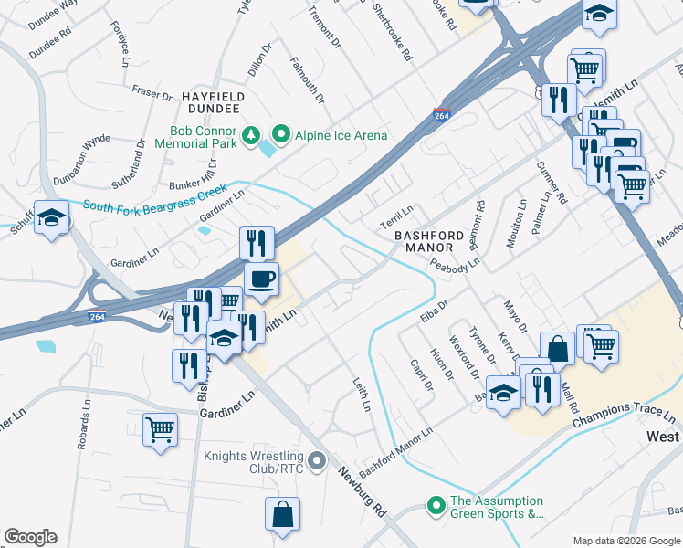 map of restaurants, bars, coffee shops, grocery stores, and more near 3217 Kemmons Drive in Louisville