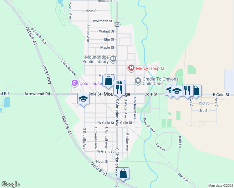 map of restaurants, bars, coffee shops, grocery stores, and more near in Moundridge