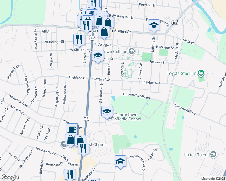 map of restaurants, bars, coffee shops, grocery stores, and more near 327 Stone Avenue in Georgetown