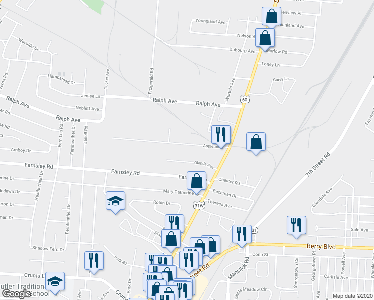 map of restaurants, bars, coffee shops, grocery stores, and more near 1842 Appleton Lane in Louisville