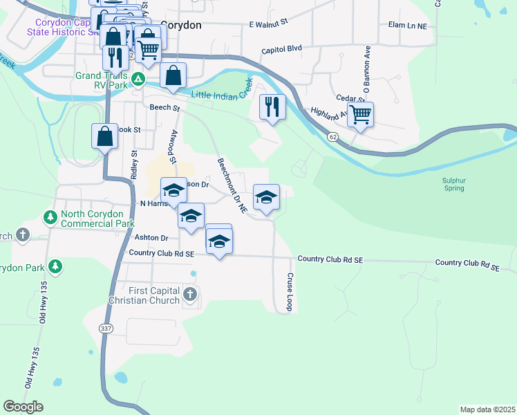 map of restaurants, bars, coffee shops, grocery stores, and more near 122 Beechmont Drive Northeast in Corydon