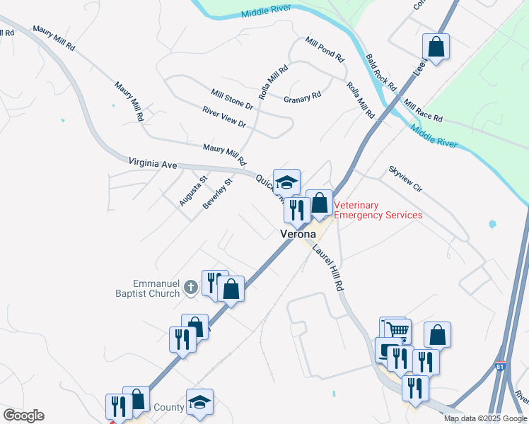 map of restaurants, bars, coffee shops, grocery stores, and more near 51 Church Street in Verona