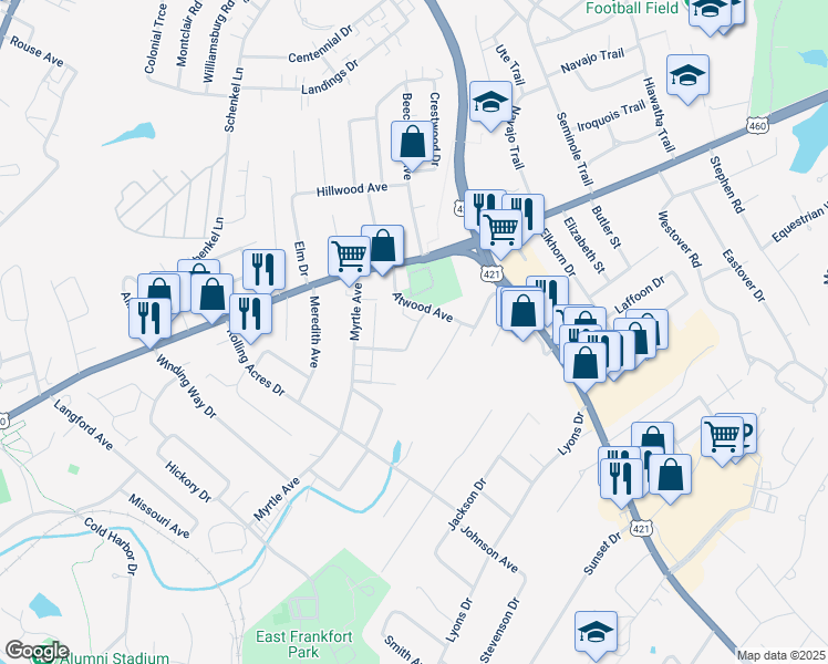 map of restaurants, bars, coffee shops, grocery stores, and more near Prince Hall Village in Frankfort
