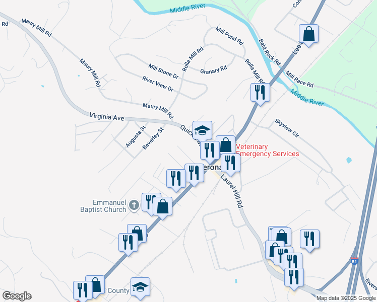 map of restaurants, bars, coffee shops, grocery stores, and more near 51 Church Street in Verona