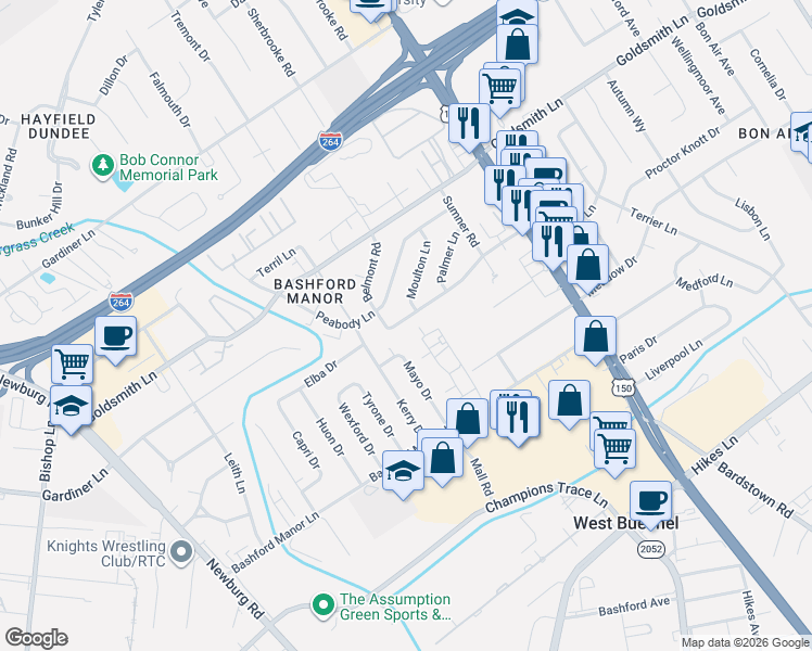 map of restaurants, bars, coffee shops, grocery stores, and more near 2106 Belmont Road in Louisville