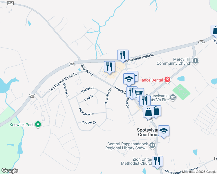 map of restaurants, bars, coffee shops, grocery stores, and more near 7500 Brock Road in Spotsylvania