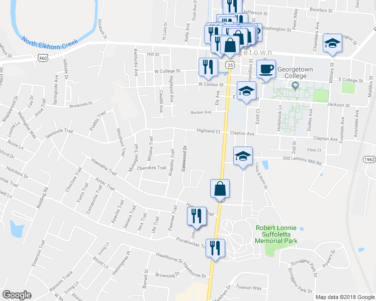 map of restaurants, bars, coffee shops, grocery stores, and more near 108 Gatewood Drive in Georgetown