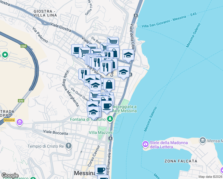 map of restaurants, bars, coffee shops, grocery stores, and more near 212 Via G. Garibaldi in Messina