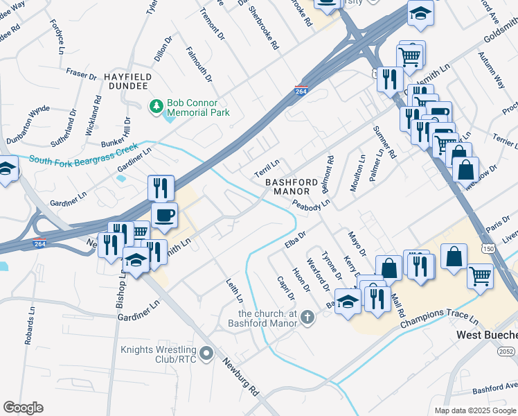 map of restaurants, bars, coffee shops, grocery stores, and more near 1972 Goldsmith Lane in Louisville