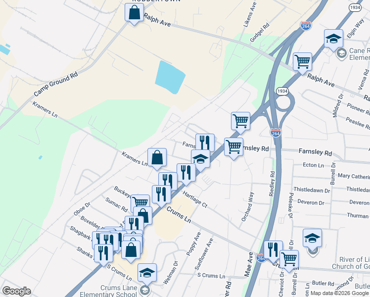 map of restaurants, bars, coffee shops, grocery stores, and more near 3332 Farnsley Road in Louisville
