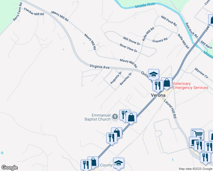 map of restaurants, bars, coffee shops, grocery stores, and more near 79 Augusta Street in Verona