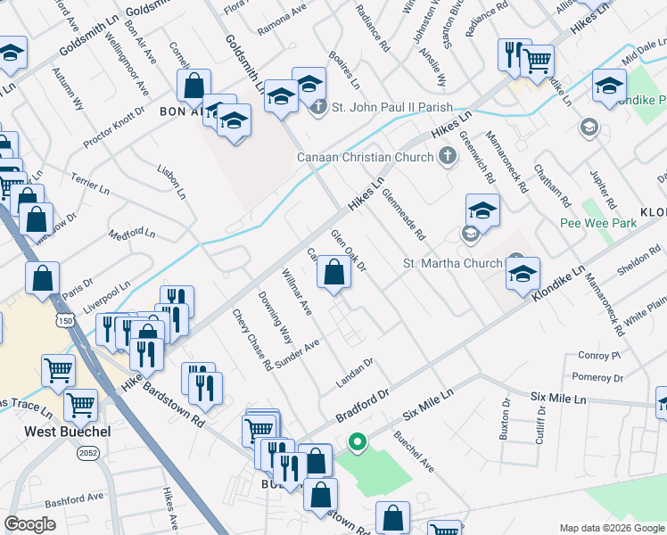 map of restaurants, bars, coffee shops, grocery stores, and more near 3716 Glen Oak Drive in Louisville