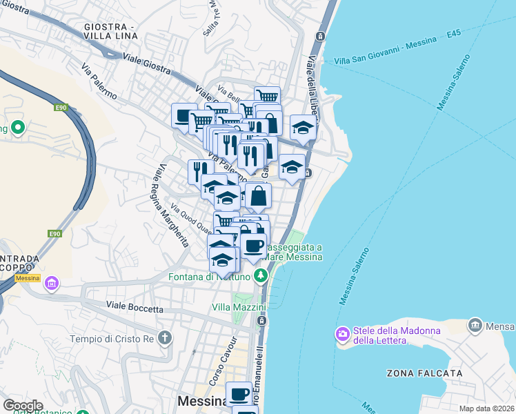 map of restaurants, bars, coffee shops, grocery stores, and more near 212 Via Giuseppe Garibaldi in Messina