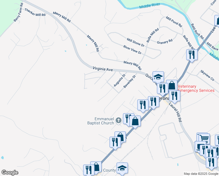 map of restaurants, bars, coffee shops, grocery stores, and more near 79 Augusta Street in Verona