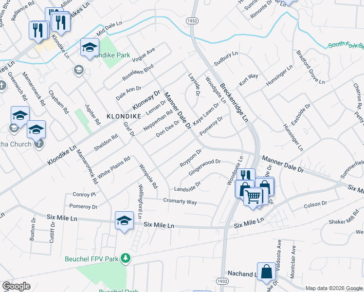 map of restaurants, bars, coffee shops, grocery stores, and more near 3123 Pomeroy Drive in Louisville