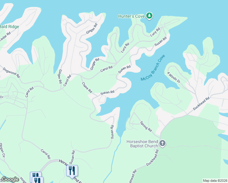 map of restaurants, bars, coffee shops, grocery stores, and more near Susan Road in Lake Ozark