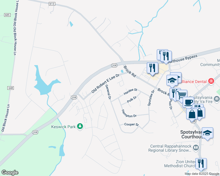 map of restaurants, bars, coffee shops, grocery stores, and more near 307 General Drive in Spotsylvania Courthouse