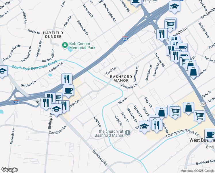 map of restaurants, bars, coffee shops, grocery stores, and more near 1972 Goldsmith Lane in Louisville