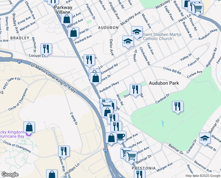 map of restaurants, bars, coffee shops, grocery stores, and more near 924 Audubon Parkway in Audubon Park