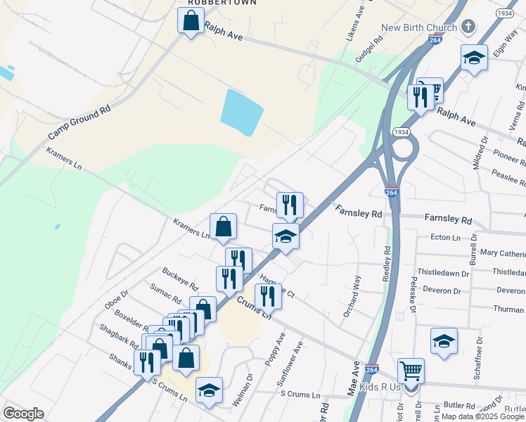 map of restaurants, bars, coffee shops, grocery stores, and more near 3332 Farnsley Road in Louisville