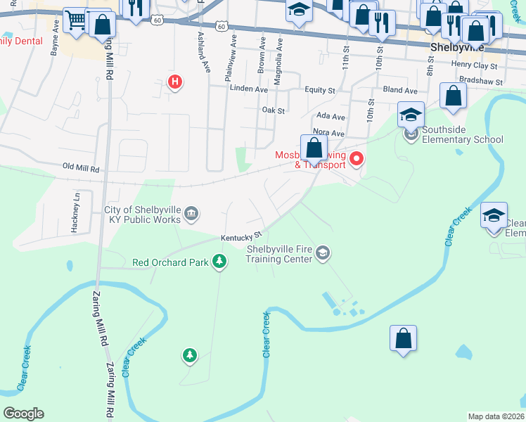 map of restaurants, bars, coffee shops, grocery stores, and more near 144 Aspen Way in Shelbyville