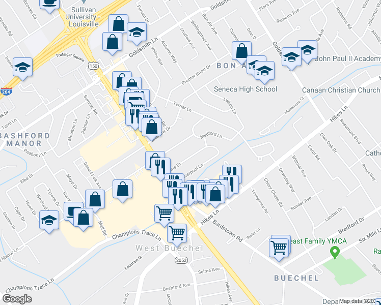 map of restaurants, bars, coffee shops, grocery stores, and more near 2219 Paris Drive in Louisville