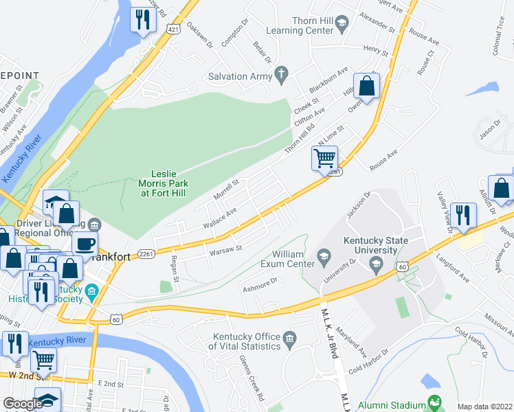 map of restaurants, bars, coffee shops, grocery stores, and more near 201 Collins Street in Frankfort