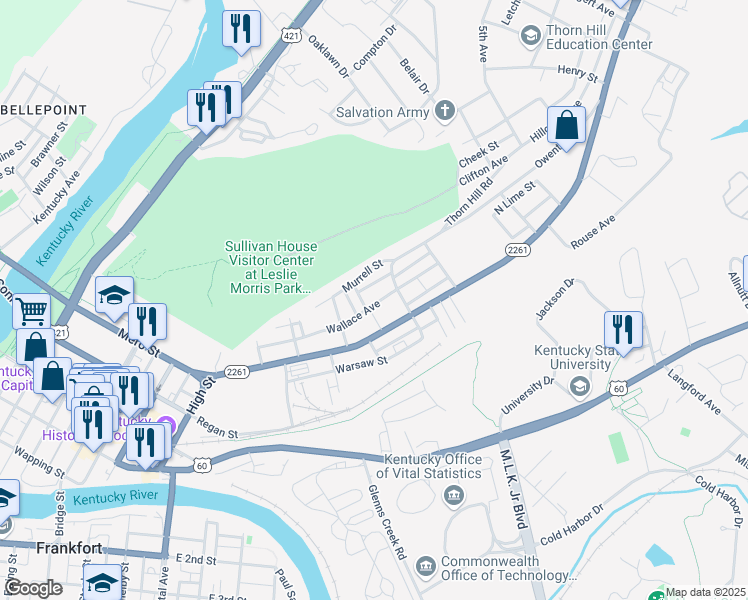 map of restaurants, bars, coffee shops, grocery stores, and more near 330 Wallace Avenue in Frankfort