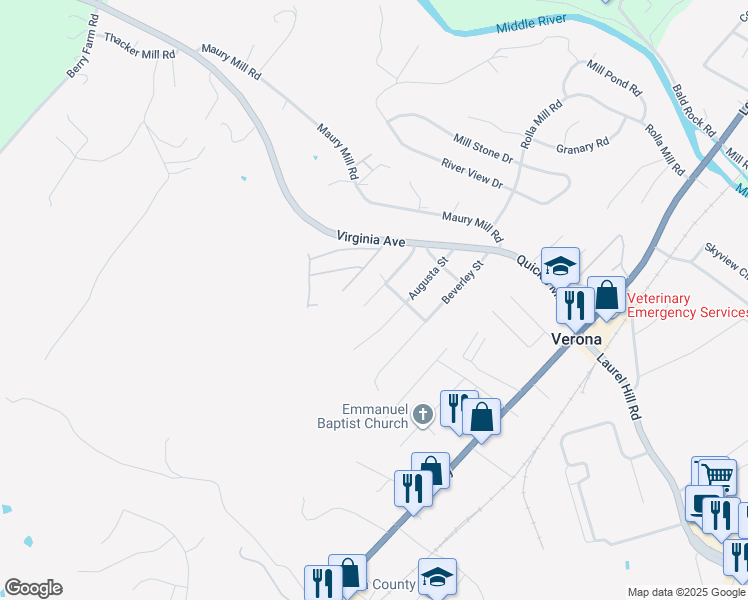 map of restaurants, bars, coffee shops, grocery stores, and more near 68 State Route 1912 in Verona