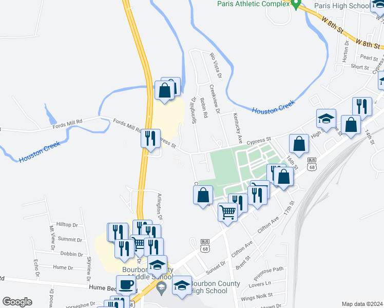 map of restaurants, bars, coffee shops, grocery stores, and more near 1940 Cypress Street in Paris