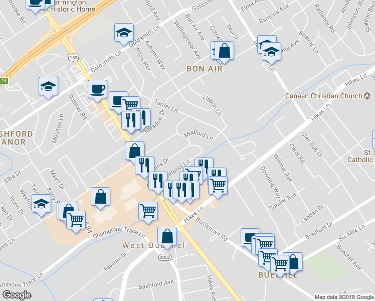 map of restaurants, bars, coffee shops, grocery stores, and more near 2226 Paris Drive in Louisville