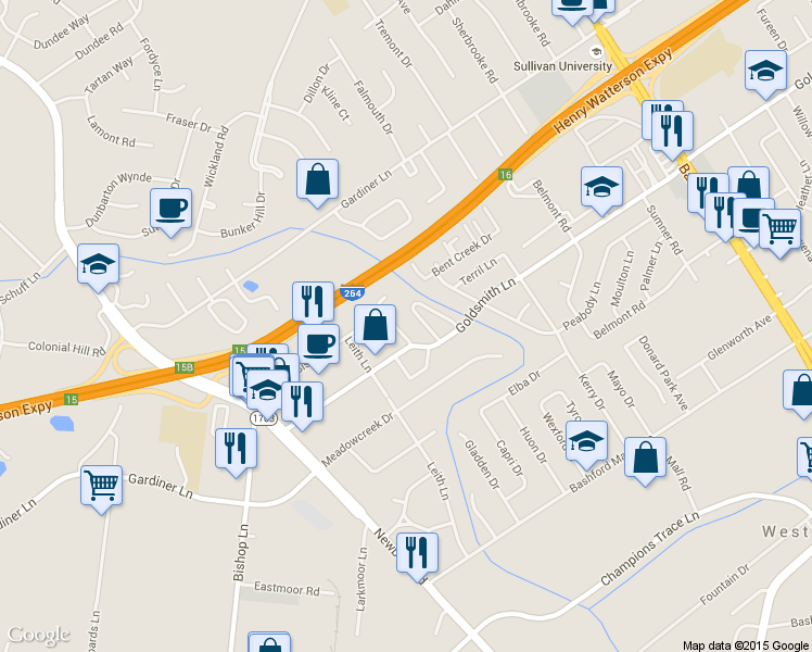 map of restaurants, bars, coffee shops, grocery stores, and more near 3217 Kemmons Drive in Louisville