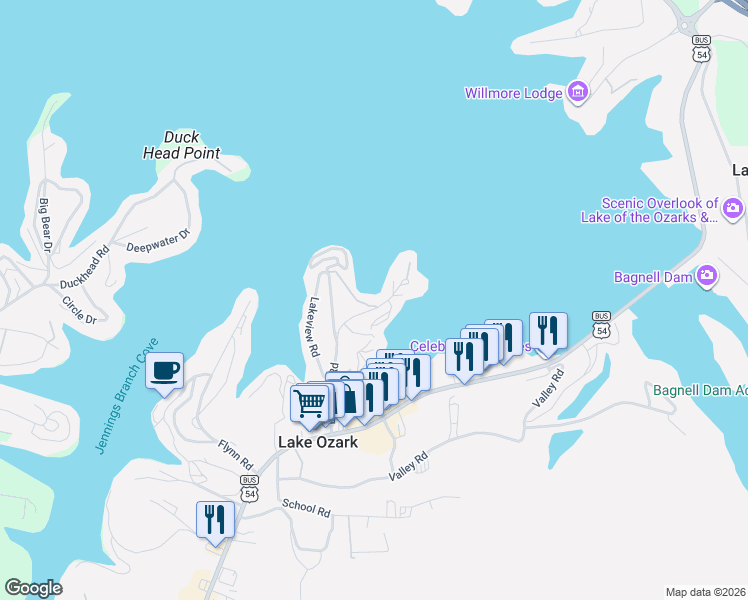 map of restaurants, bars, coffee shops, grocery stores, and more near 4-12 Thornsberry Rd in Lake Ozark